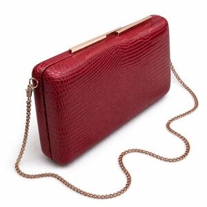 Parfois Red Lizard Embossed Box Clutch Evening Bag Chain Strap